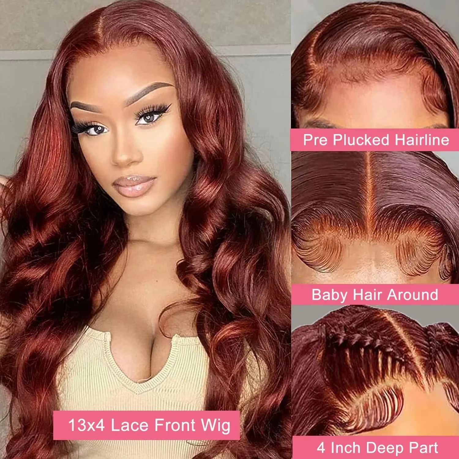13x4 Reddish Brown Body Wave Lace Frontal Human Hair Wig Pre Plucked Hd Lace Frontal Wigs Colored Brazilian Human Hair Wigs - Image 5