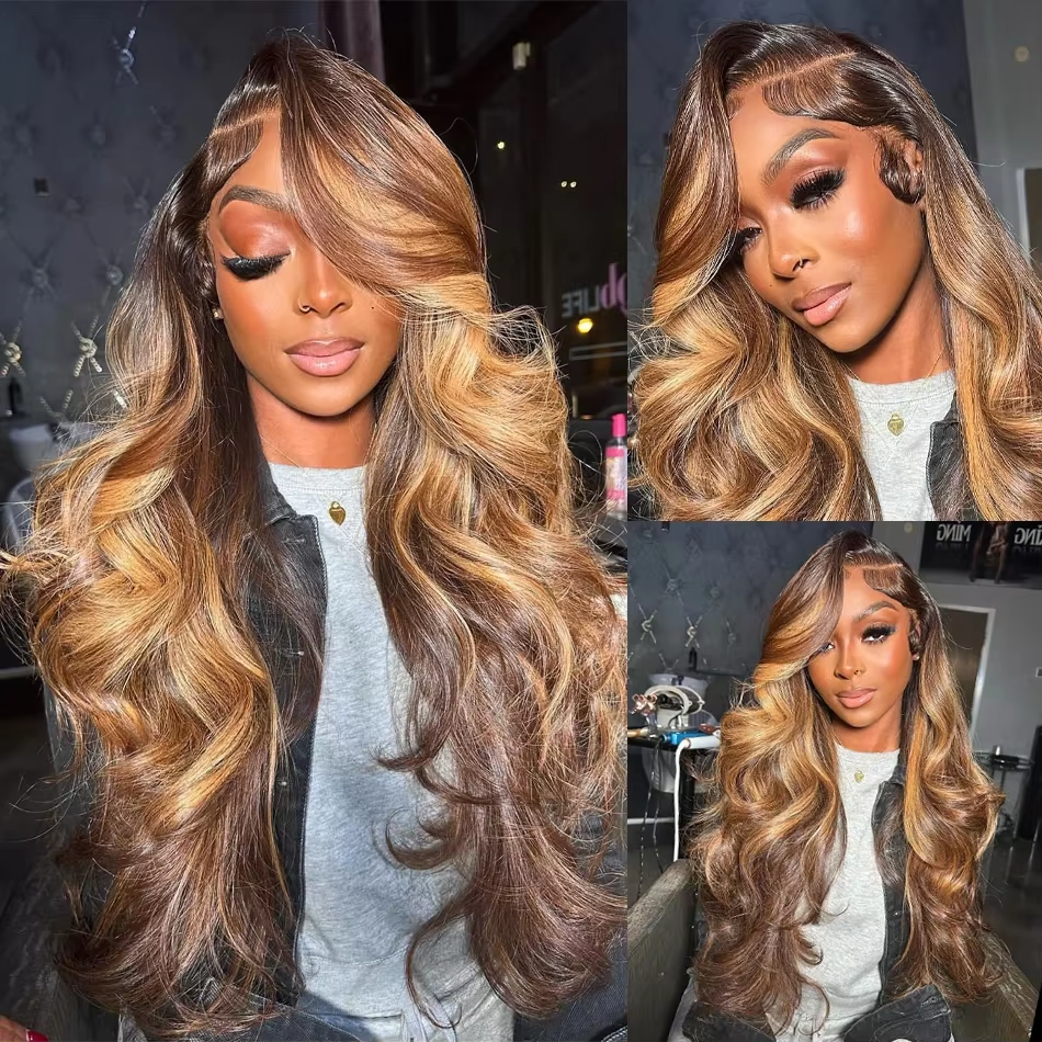 Highlight Body Wave 13×6 Lace Frontal Wigs Ombre Colored Human Wigs 13×4 Transparent Lace Preplucked Hairline Wigs For Women - Image 7