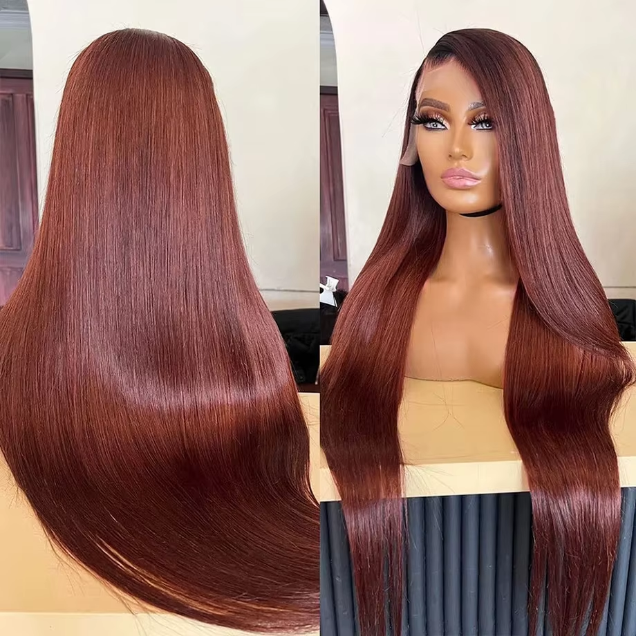 13x4 Reddish Brown HD Lace Front Wigs Human Hair 200 Density Straight Lace Frontal Colored Wig Pre Plucked Pre Cut For Women - Image 7