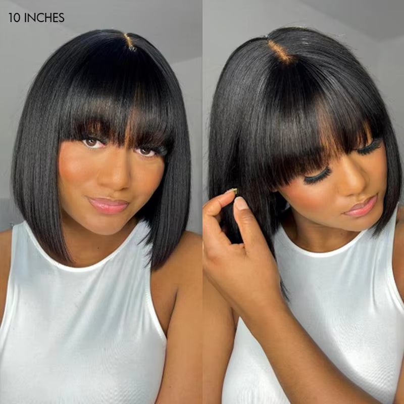 RealisticYaki Straight Bob with Bangs Minimalist Lace Wig Transparente Highlight Ombre Brazilian Yaki Natural Lace Wig For Women - Image 8