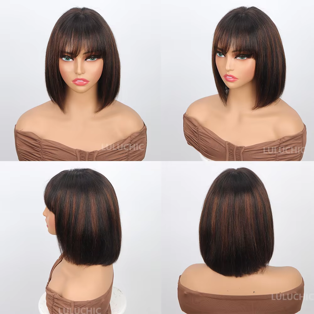 RealisticYaki Straight Bob with Bangs Minimalist Lace Wig Transparente Highlight Ombre Brazilian Yaki Natural Lace Wig For Women - Image 4