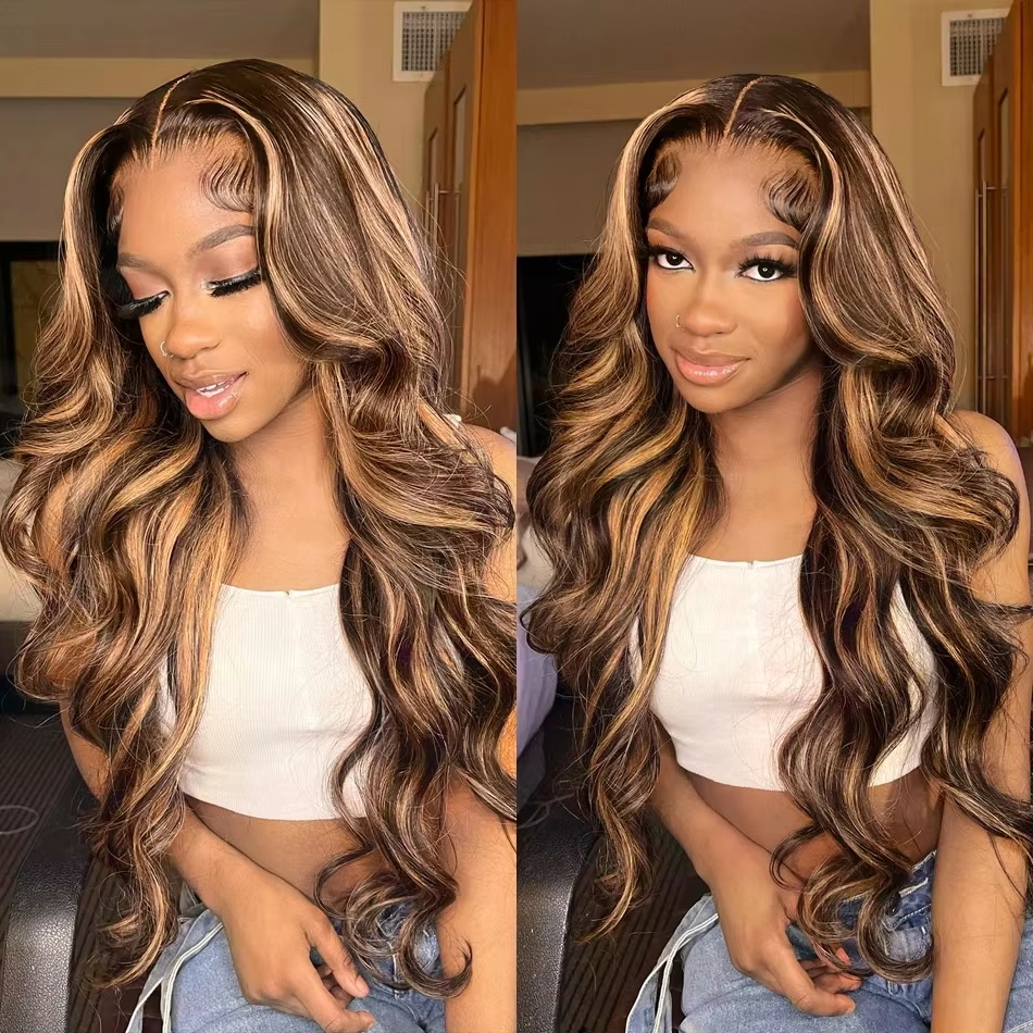 Highlight Body Wave 13×6 Lace Frontal Wigs Ombre Colored Human Wigs 13×4 Transparent Lace Preplucked Hairline Wigs For Women - Image 5