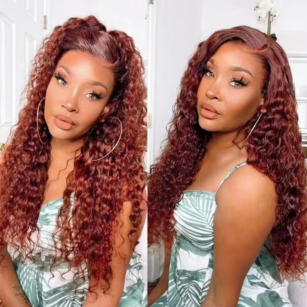 Reddish Brown #33 Deep Wave Lace Front Wigs Human Hair Brown 13x4 Transparent Lace Deep Curly Colored Wig Pre-Plucked Brazilian - Image 5