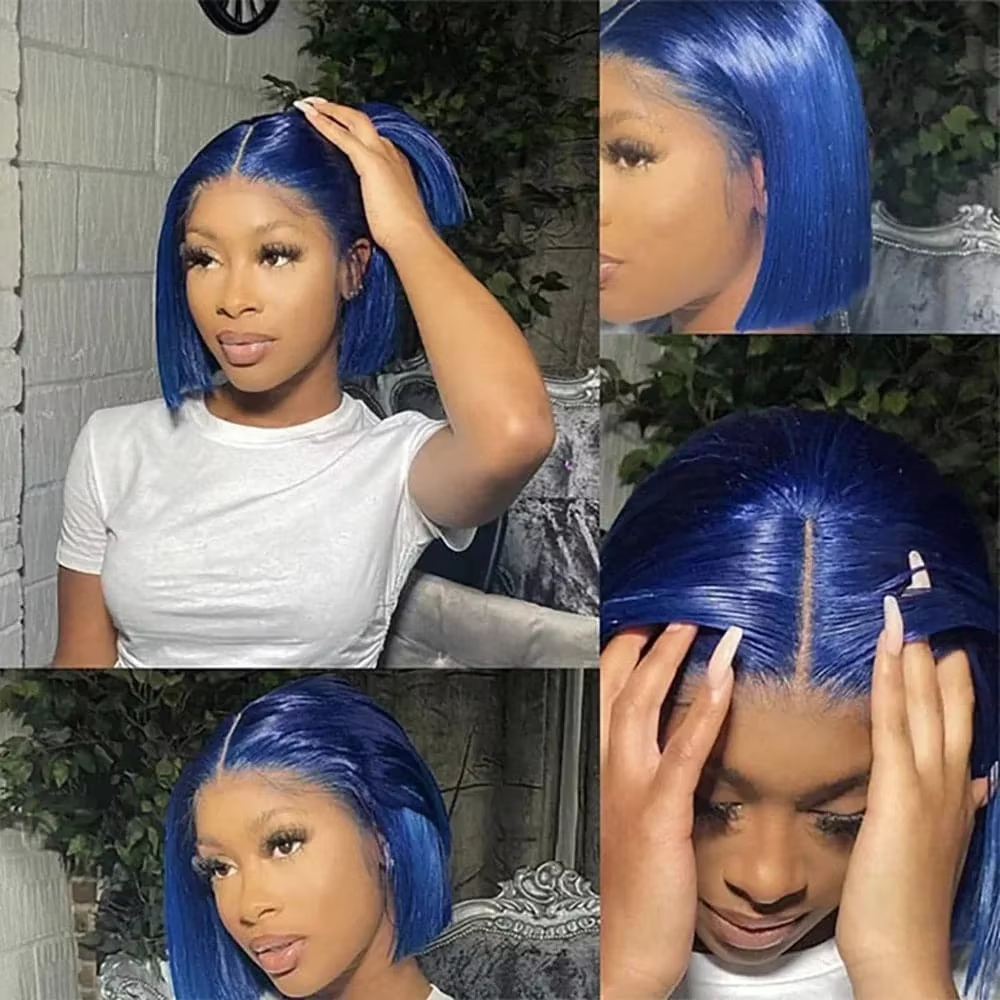 Blue Bob Wig Straight 13x4 Lace Front Human Hair Wigs For Women Short Bob Transparent Lace Wigs Bleached Knots Pre Plucked Wigs - Image 4