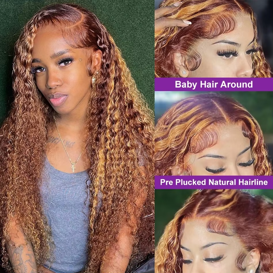 Highlight Honey Brown Curly Lace Front Human Hair Wigs 13x6 13x4 Remy Ombre Colored Deep Wave Lace Frontal Wig For Women - Image 4