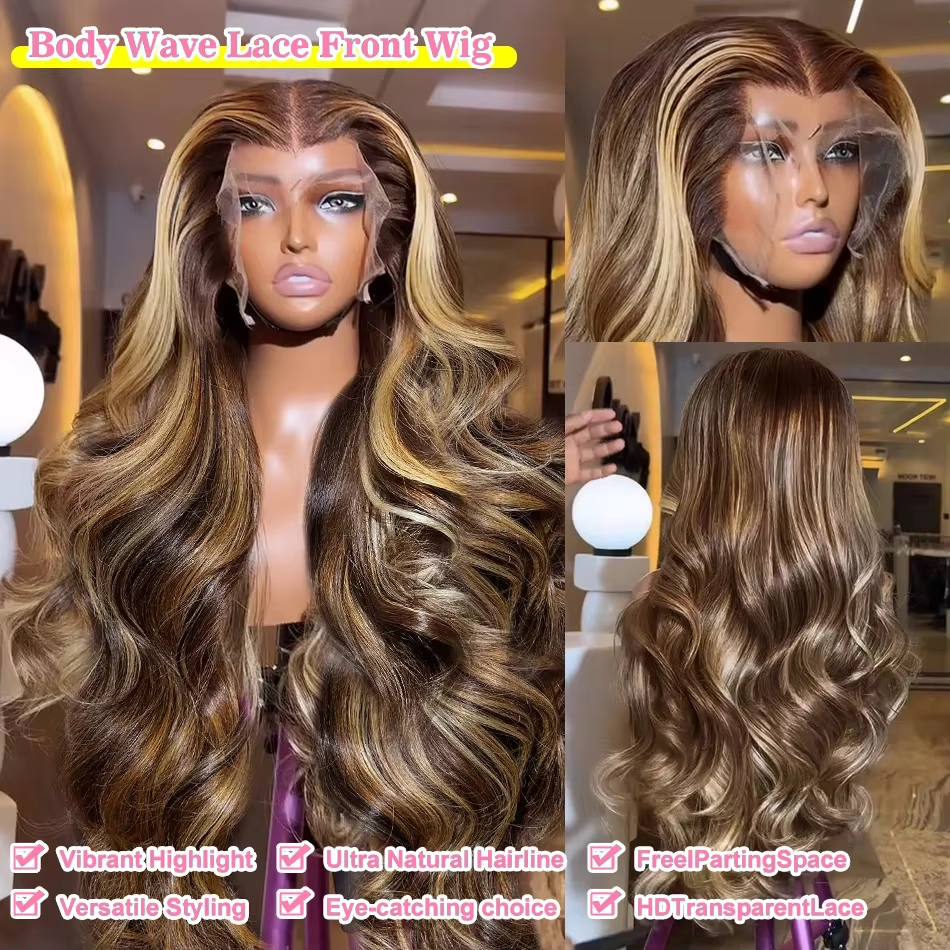 427 Highlight Colored Ombre Blonde Body Wave Lace Front Wig Human Hair Brazilian 13x4 Transparent Lace Frontal Wig For Women - Image 4