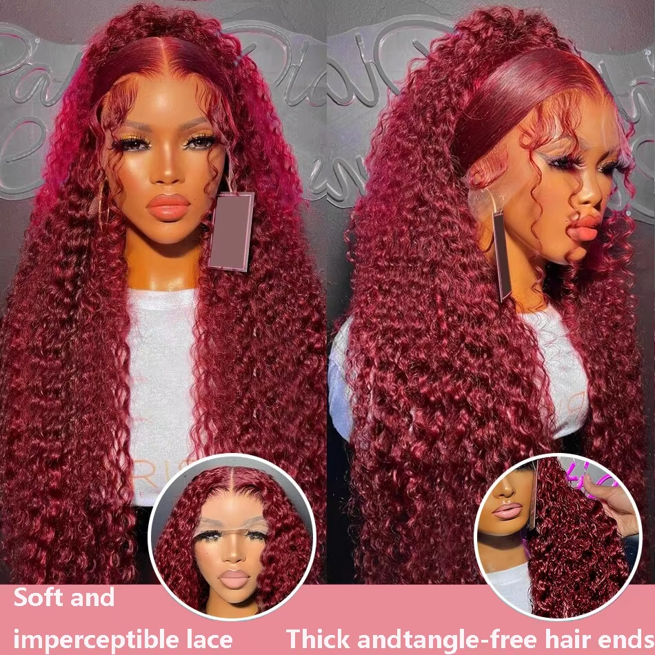 Red 99J Burgundy Colored Deep Wave Lace Frontal Wig 13x6 13x4 Lace Front Wigs Brazilian Curly Front Human Hair Wigs For Women - Image 4
