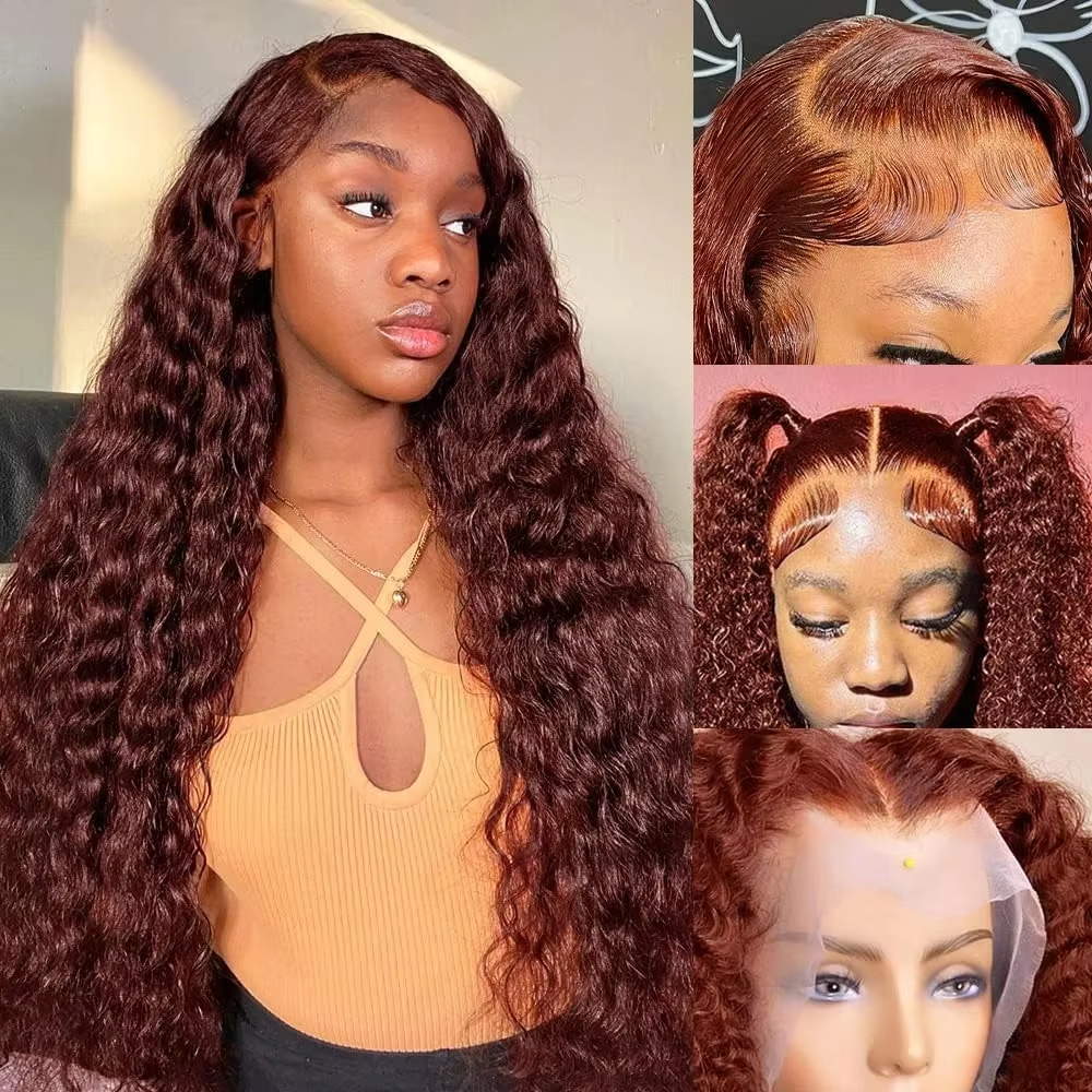 Reddish Brown #33 Deep Wave Lace Front Wigs Human Hair Brown 13x4 Transparent Lace Deep Curly Colored Wig Pre-Plucked Brazilian - Image 3
