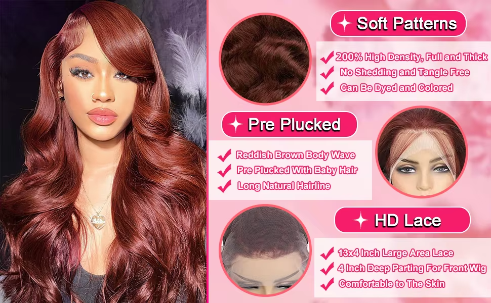 13x4 HD Reddish Brown Lace Front Wig Human Hair Pre Plucked Transparent Body Wave Lace Frontal Wigs Colored Wigs For Women - Image 4