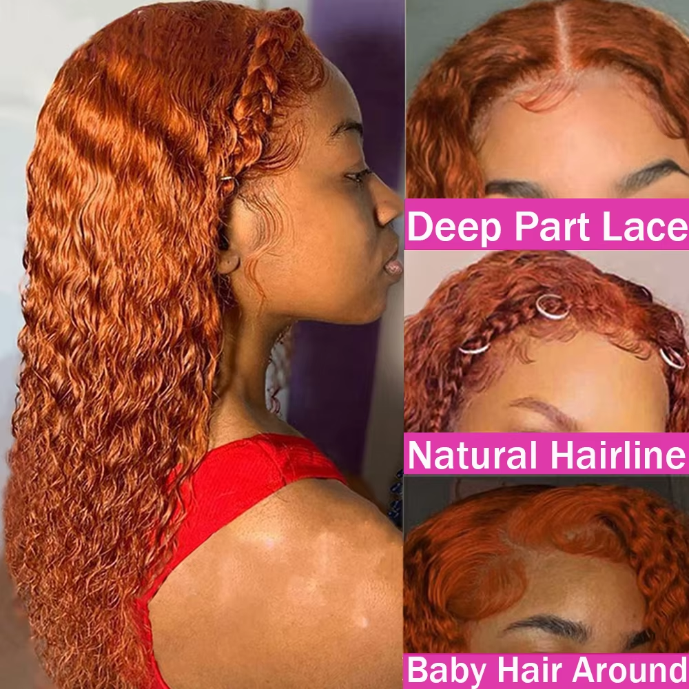 Ginger Orange 13x6 Transparent Deep Wave Lace Frontal Wig Highlight Colored Lace Front Wig Water Curly Human Hair Wigs for Women - Image 6
