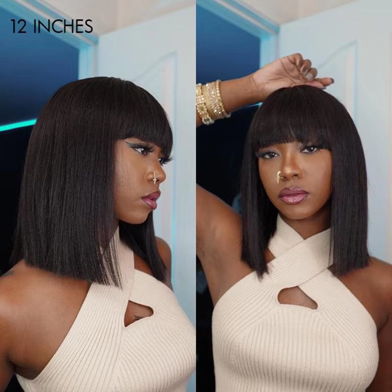 RealisticYaki Straight Bob with Bangs Minimalist Lace Wig Transparente Highlight Ombre Brazilian Yaki Natural Lace Wig For Women - Image 3