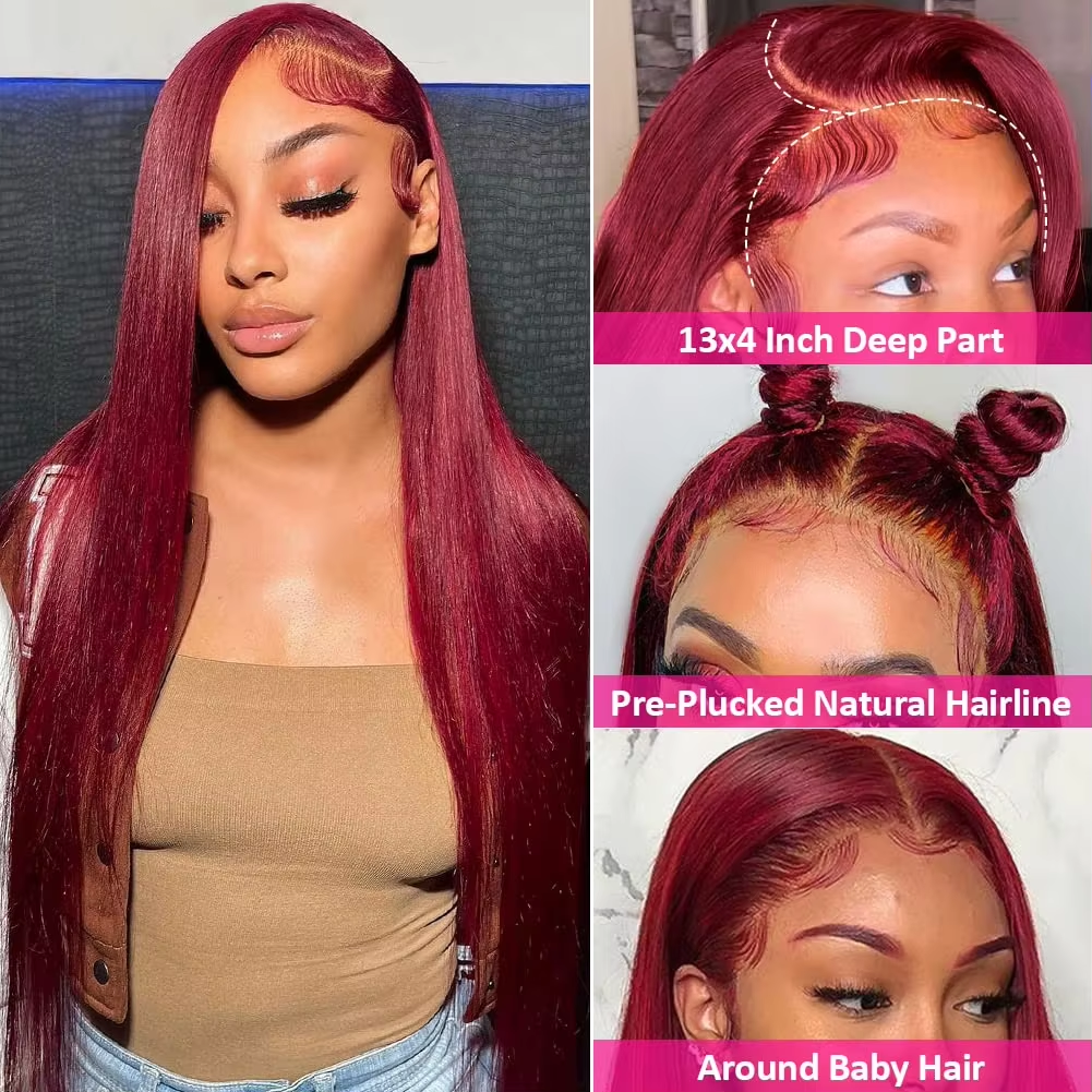 Burgundy 99J Straight hair front lace wig real hair wig 13x4 front lace wig wine red wig transparent lace wig female real hair - Image 6