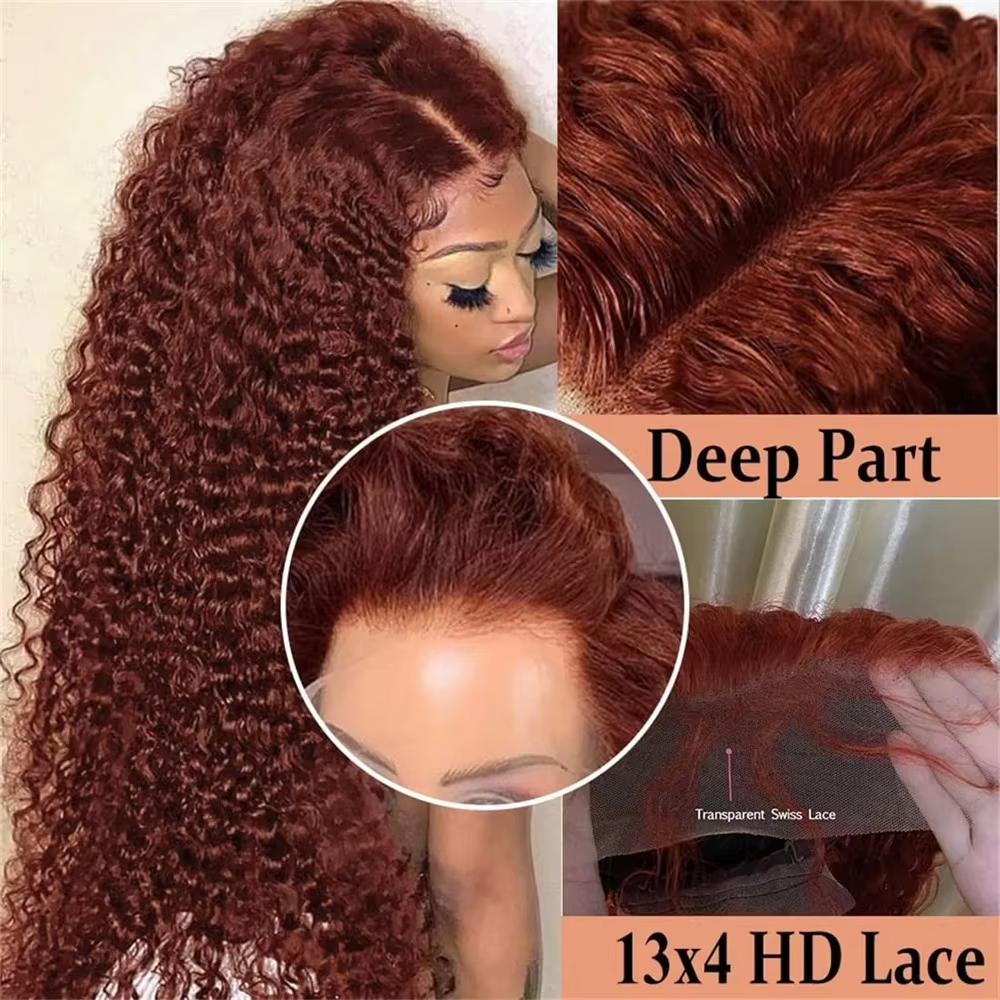 Reddish Brown #33 Deep Wave Lace Front Wigs Human Hair Brown 13×4 Transparent Lace Deep Curly Colored Wig Pre-Plucked Brazilian