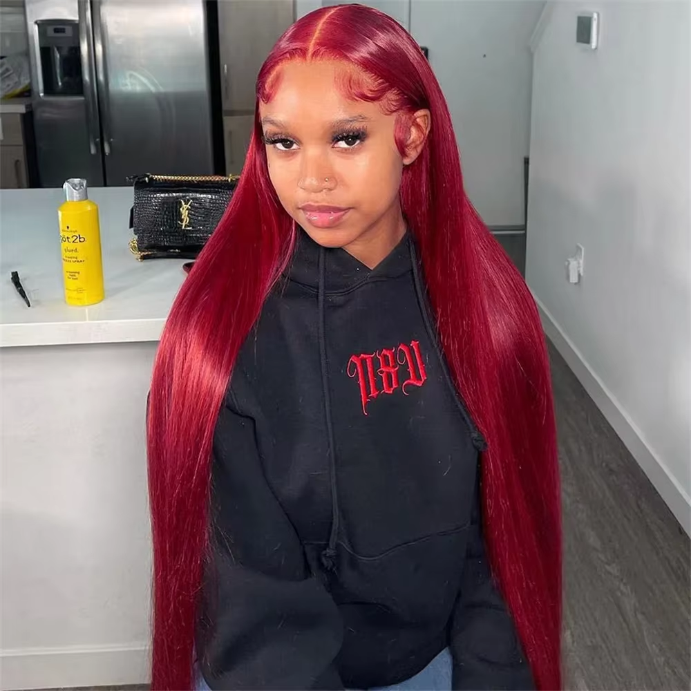 Burgundy 99J Straight hair front lace wig real hair wig 13x4 front lace wig wine red wig transparent lace wig female real hair - Image 3