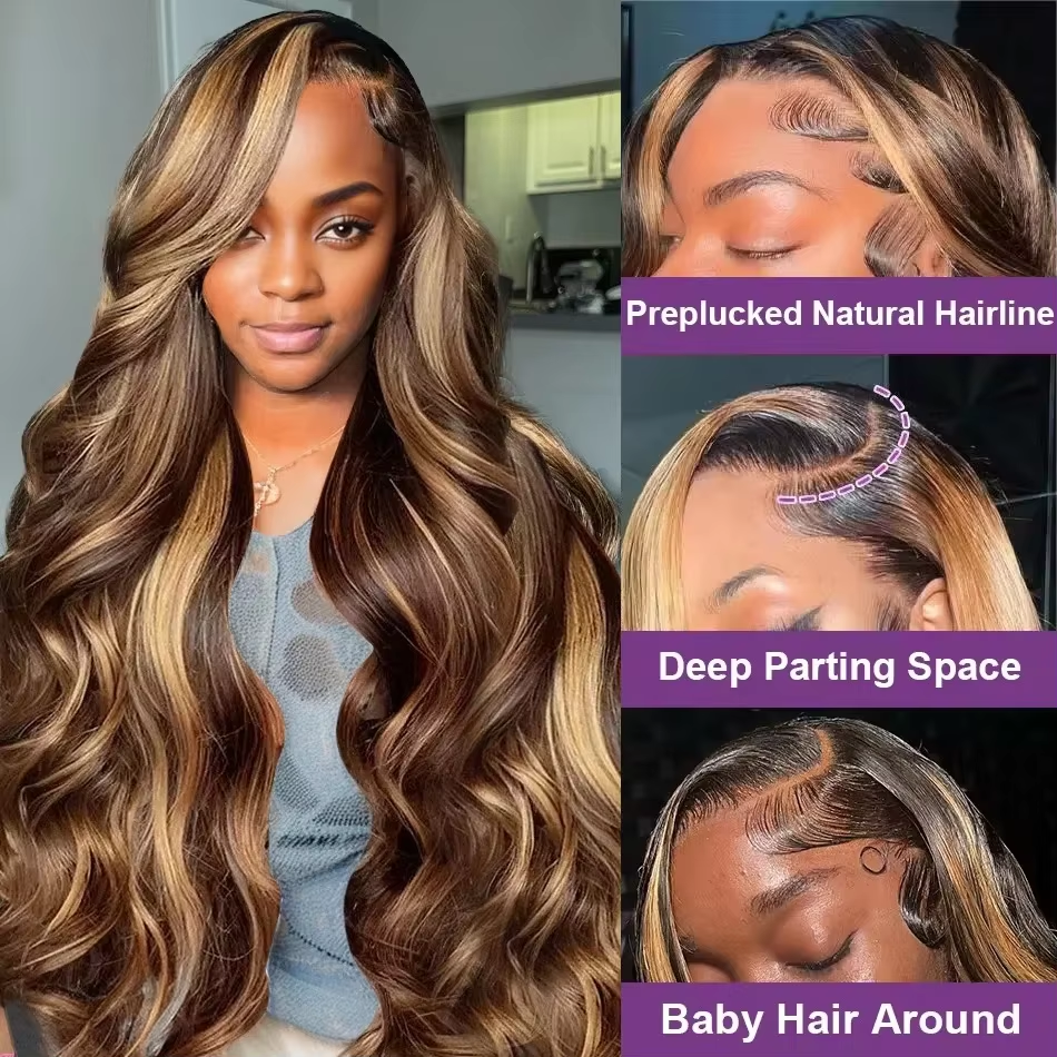 Ombre Highlight Body Wavy Human Hair Front Wig 13×6 Brazilian Transparent Honey Blonde Colored 13×4 Lace Frontal Wig For Women