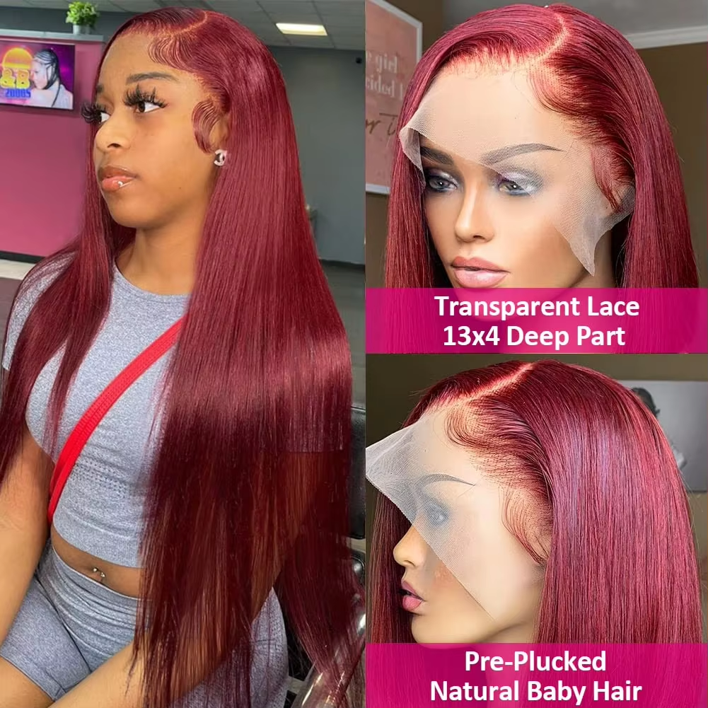 Burgundy 99J Straight hair front lace wig real hair wig 13×4 front lace wig wine red wig transparent lace wig female real hair