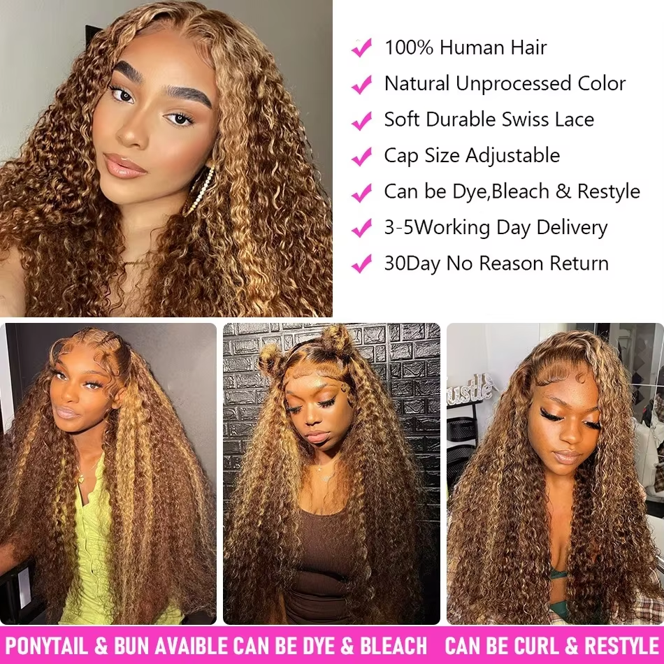 Highlight Honey Brown Curly Lace Front Human Hair Wigs 13×6 13×4 Remy Ombre Colored Deep Wave Lace Frontal Wig For Women