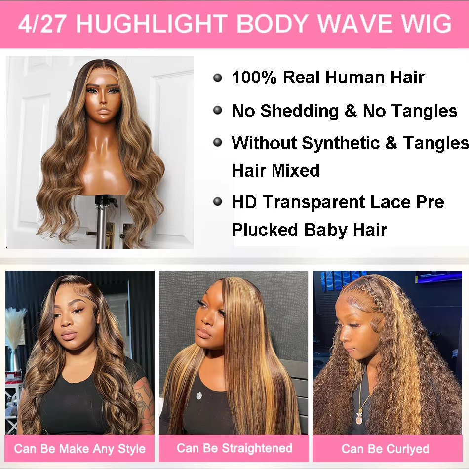 P427 Highlight Wig Front Lace Wig Brazilian Straight Hair Ombre 13×6 13×4 Lace Forehead Wig 4×4 Lace Closure Wig Women