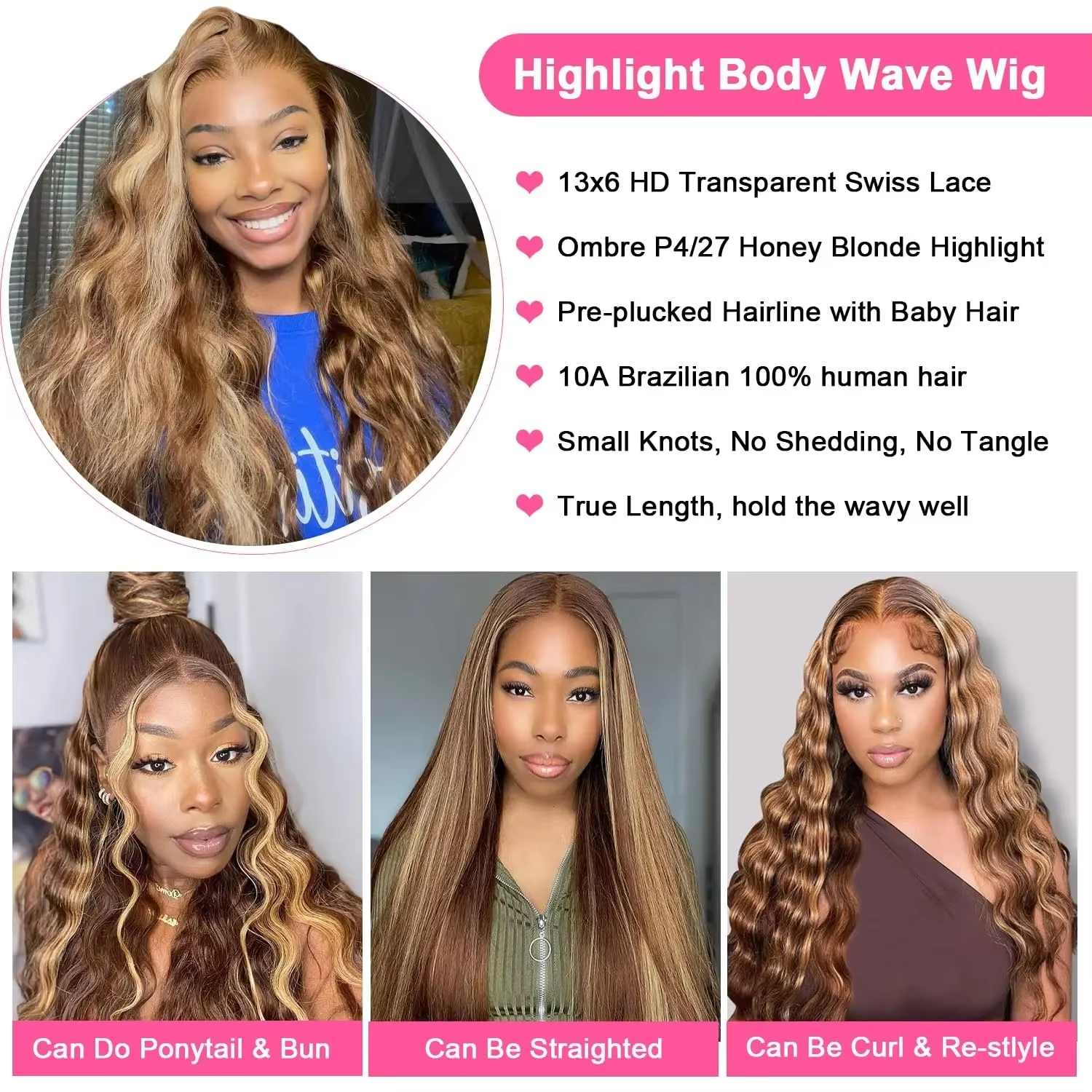 427 Highlight Body Wave Wig Human Hair 13×4 Lace Wigs Brazilian Body Wave 13×6 Transparent Lace Part Wig PrePlucked for Women