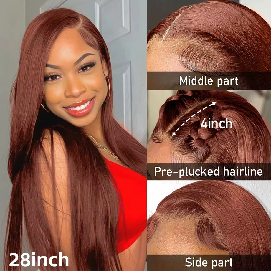 13x4 Reddish Brown HD Lace Front Wigs Human Hair 200 Density Straight Lace Frontal Colored Wig Pre Plucked Pre Cut For Women - Image 4