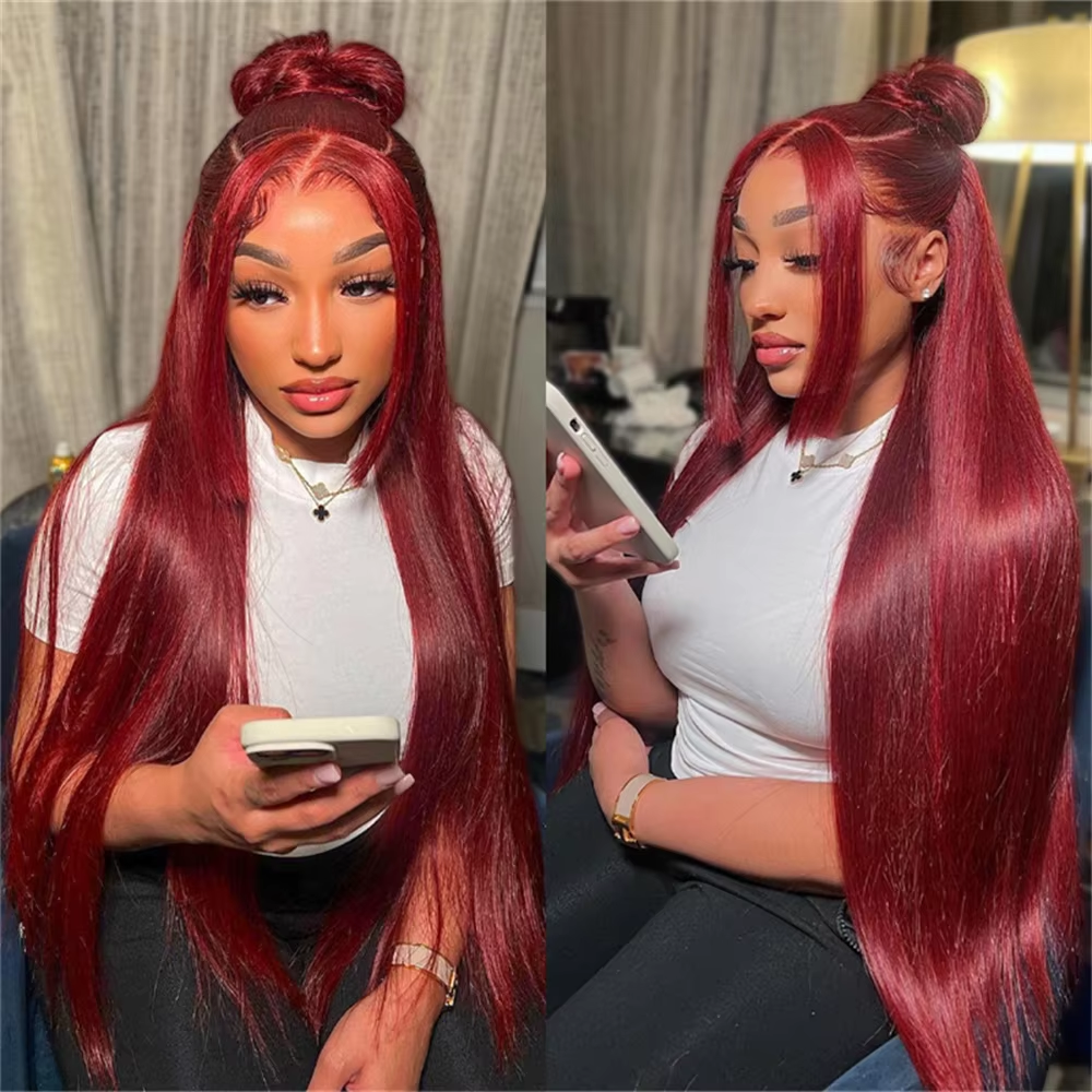 Burgundy 99J Straight hair front lace wig real hair wig 13x4 front lace wig wine red wig transparent lace wig female real hair