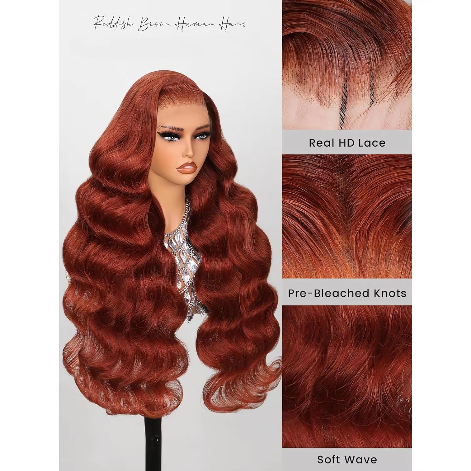 13×4 Reddish Brown HD Lace Front Wigs Human Hair 200 Density Body Wave Lace Frontal Colored Wig Pre Plucked Pre Cut For Women
